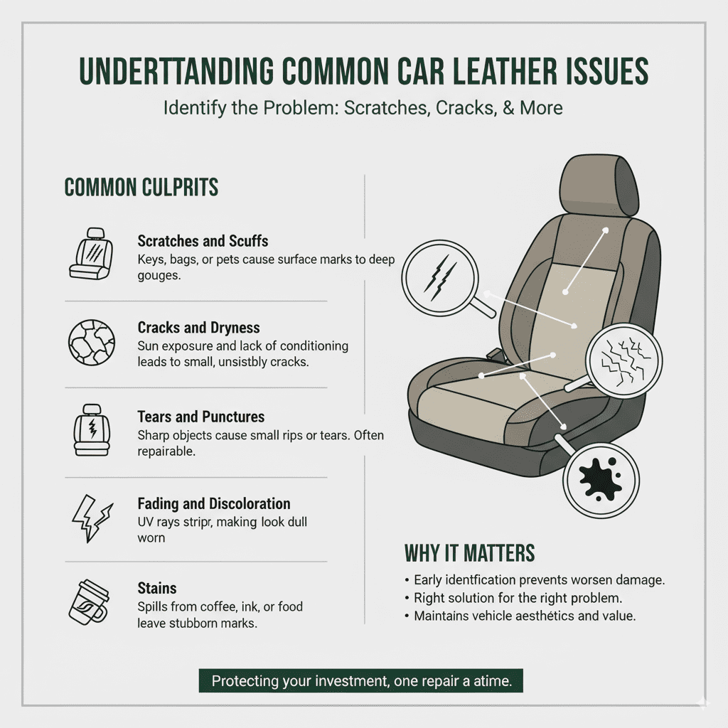 Understanding Common Car Leather Issues

Before we dive into fixing things, let’s quickly look at the most common culprits that make car leather look worn out. Knowing what you’re dealing with helps you pick the right solution. Think of it like knowing if you have a cut or a bruise before you decide on a bandage!

Scratches and Scuffs: These are usually from everyday use – keys, bags, even your pet’s nails. They can range from light surface marks to deeper gouges.

Cracks and Dryness: When leather dries out, especially from sun exposure or lack of conditioning, it can start to form small, unsightly cracks. These are often early signs of leather damage.

Tears and Punctures: Sometimes, a sharp object can cause a small rip or tear in the leather. While this seems serious, small tears are often repairable.

Fading and Discoloration: Prolonged exposure to sunlight (UV rays) can strip the color from your leather, making it look dull and faded.

Stains: Spills from coffee, ink, or food can leave stubborn marks on your leather seats.