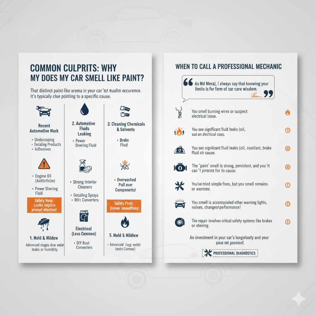When to Call a Professional Mechanic
As Md Meraj, I always say that knowing your limits is a form of car care wisdom. While many car issues can be handled with simple DIY fixes, some problems require the expertise and specialized tools of a professional mechanic. Don't hesitate to seek help if:
You smell burning wires or suspect an electrical issue.
You see significant fluid leaks (oil, coolant, brake fluid) and are unsure of the cause or how to fix it.
The "paint" smell is strong, persistent, and you can't pinpoint the source after basic checks.
You've tried simple fixes, but the smell remains or worsens.
The smell is accompanied by other warning signs, such as dashboard warning lights, unusual noises, or changes in driving performance.
The repair involves critical safety systems like brakes or steering.
A mechanic has the diagnostic equipment and experience to accurately identify complex issues and perform safe, reliable repairs the first time. It’s an investment in your car’s longevity and your peace of mind.